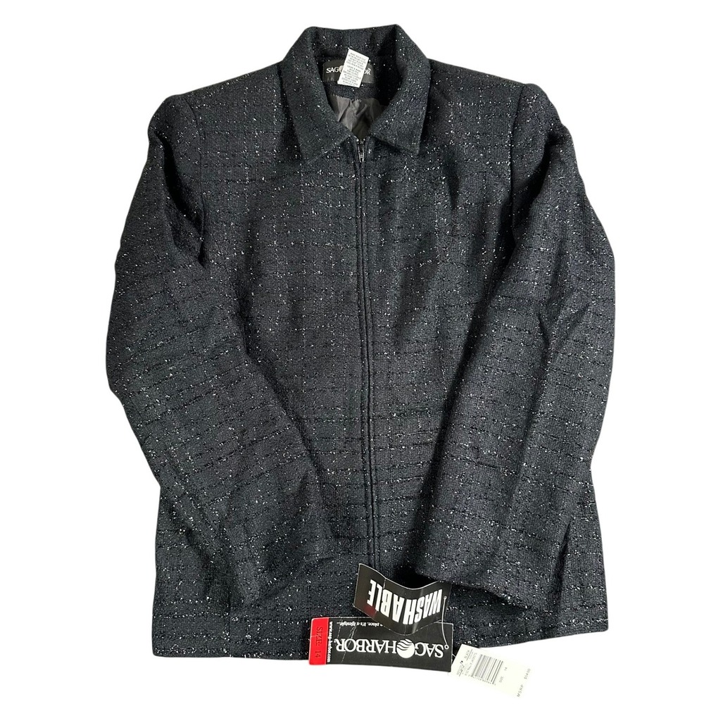 Sag Harbor‎ Womens Black Textured Full Zip Jacket Size 14 New With Tags